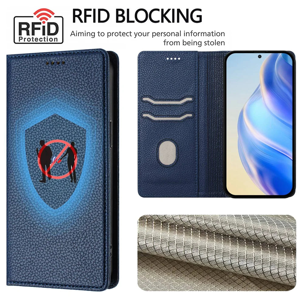 For OnePlus 15 5G Wallet Case RFID Blocking Litchi Texture Leather Mobile Cover - Dark Blue - 7