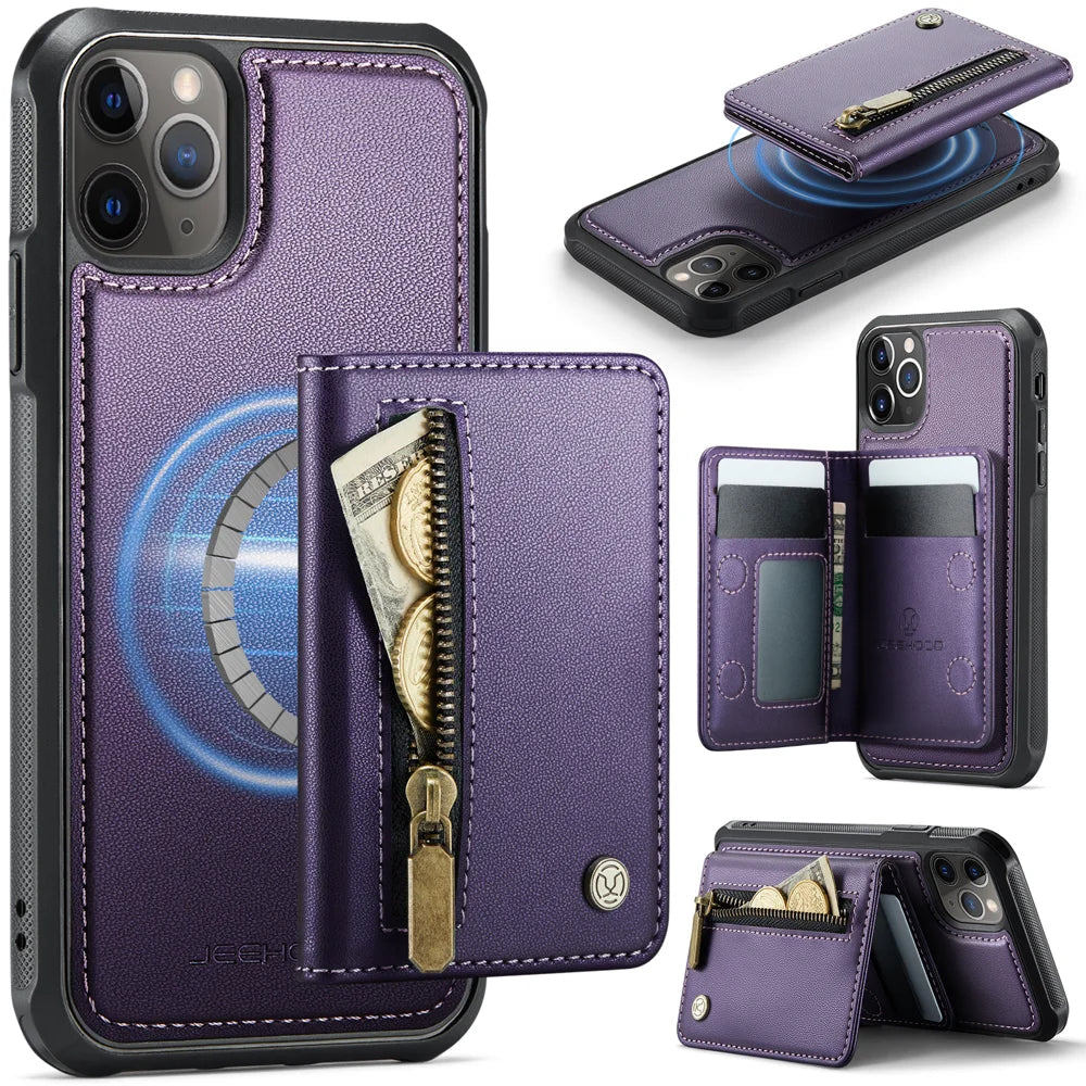 JEEHOOD For iPhone 11 Pro Case  J12 Magnetic Detachable Zipper Wallet Kickstand Leather Back Cover Compatible with MagSafe - Purple - 1