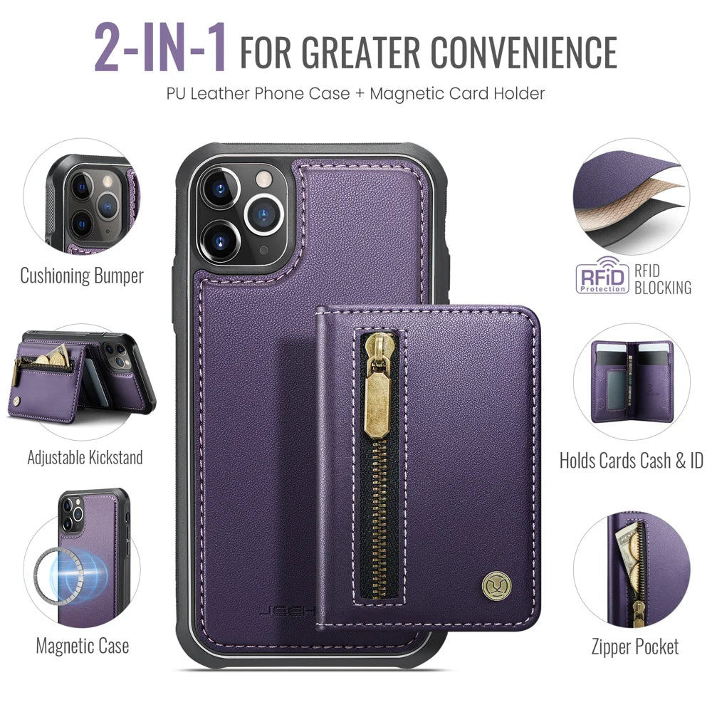 JEEHOOD For iPhone 11 Pro Max Case  J12 Magnetic Detachable Zipper Wallet Kickstand Leather Back Cover Compatible with MagSafe - Purple - 2