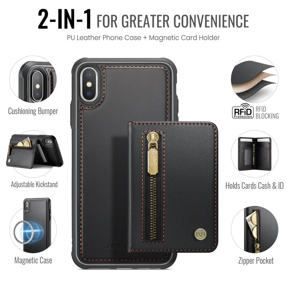JEEHOOD For iPhone XS 5.8 inch / iPhone X Case  J12 Magnetic Detachable Zipper Wallet Kickstand Leather Back Cover Compatible with MagSafe - Black - 2