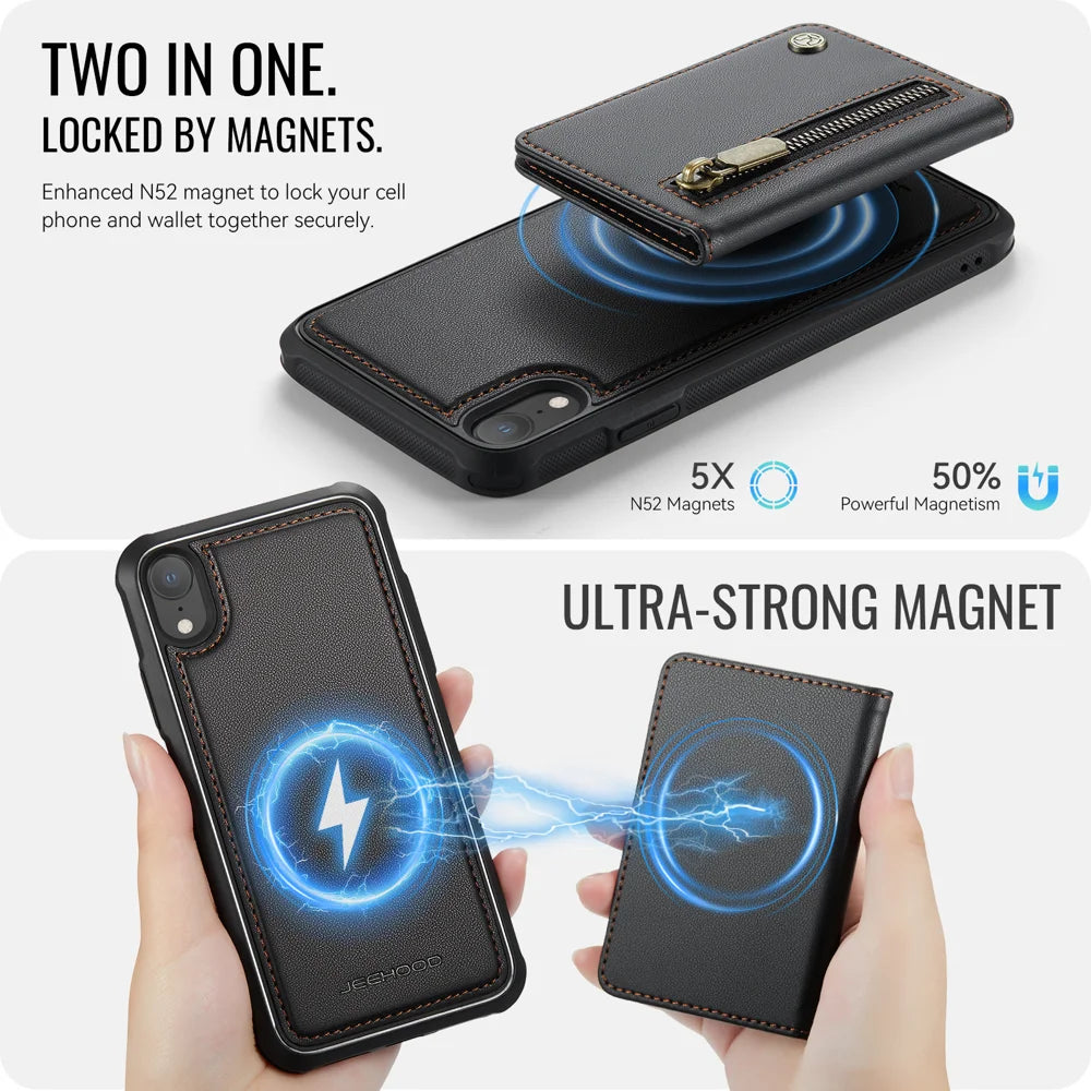 JEEHOOD For iPhone XR 6.1 inch Case  J12 Magnetic Detachable Zipper Wallet Kickstand Leather Back Cover Compatible with MagSafe - Black - 3