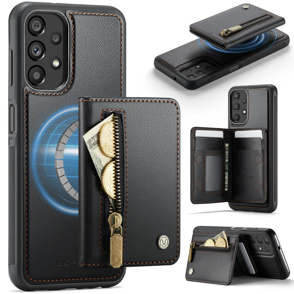 JEEHOOD For Samsung Galaxy A13 4G / Galaxy A04s 4G (164.7mm) / Galaxy A13 5G Case  J12 Magnetic Detachable Zipper Wallet Kickstand Leather Back Cover Magnetic Case - Black - 1
