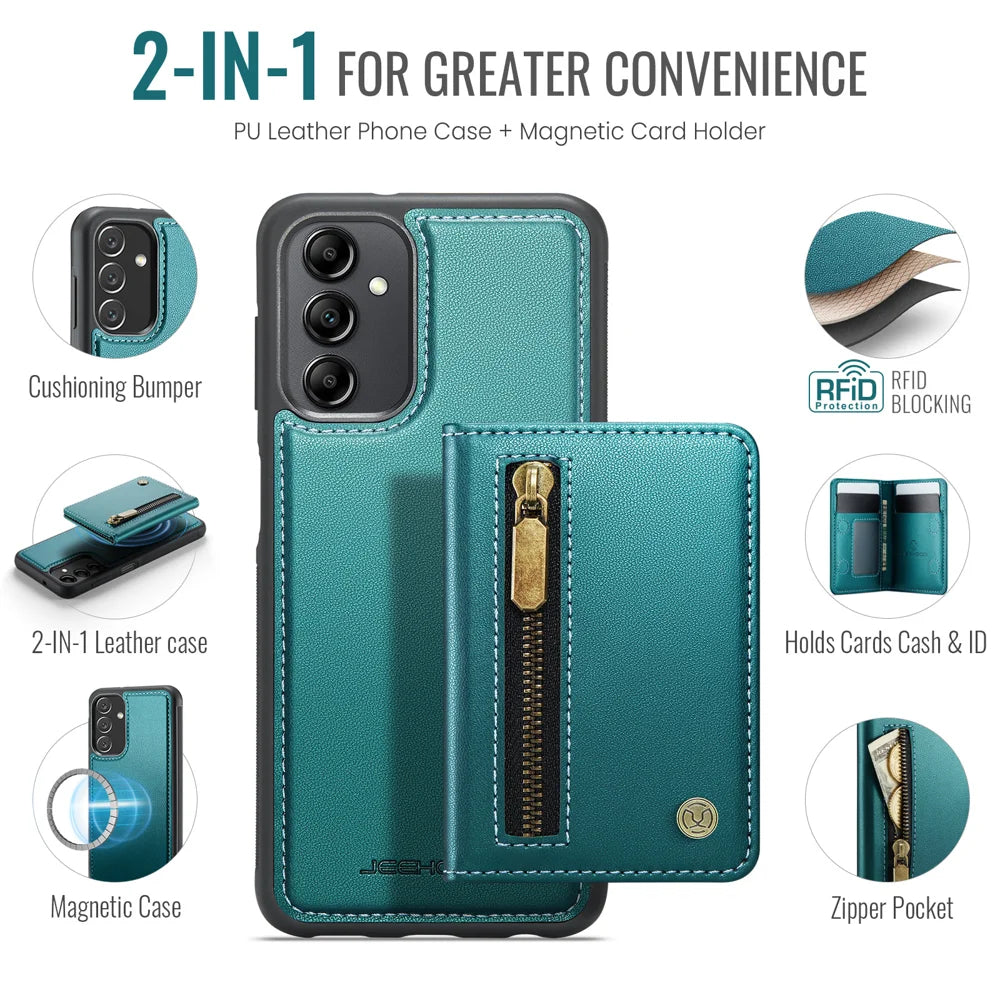 JEEHOOD For Samsung Galaxy M44 5G / Galaxy A14 5G Case  J12 Magnetic Detachable Zipper Wallet Kickstand Leather Back Cover Magnetic Case - Blue - 2
