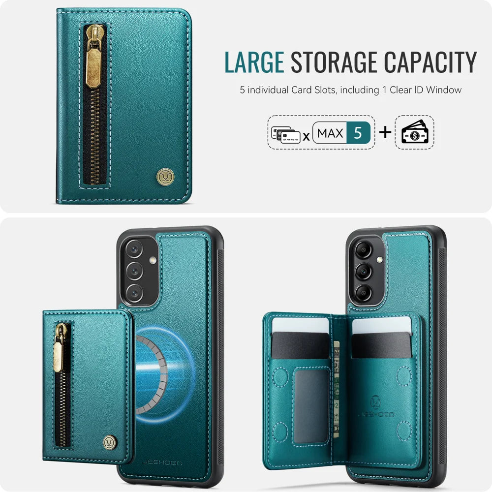 JEEHOOD For Samsung Galaxy M44 5G / Galaxy A14 5G Case  J12 Magnetic Detachable Zipper Wallet Kickstand Leather Back Cover Magnetic Case - Blue - 5