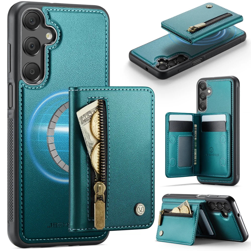 JEEHOOD For Samsung Galaxy A25 5G (Global) (161mm) Case  J12 Magnetic Detachable Zipper Wallet Kickstand Leather Back Cover Magnetic Case - Blue - 1