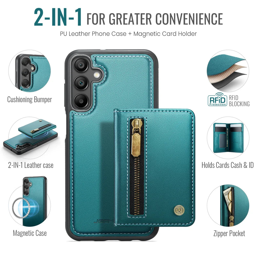 JEEHOOD For Samsung Galaxy A25 5G (Global) (161mm) Case  J12 Magnetic Detachable Zipper Wallet Kickstand Leather Back Cover Magnetic Case - Blue - 2