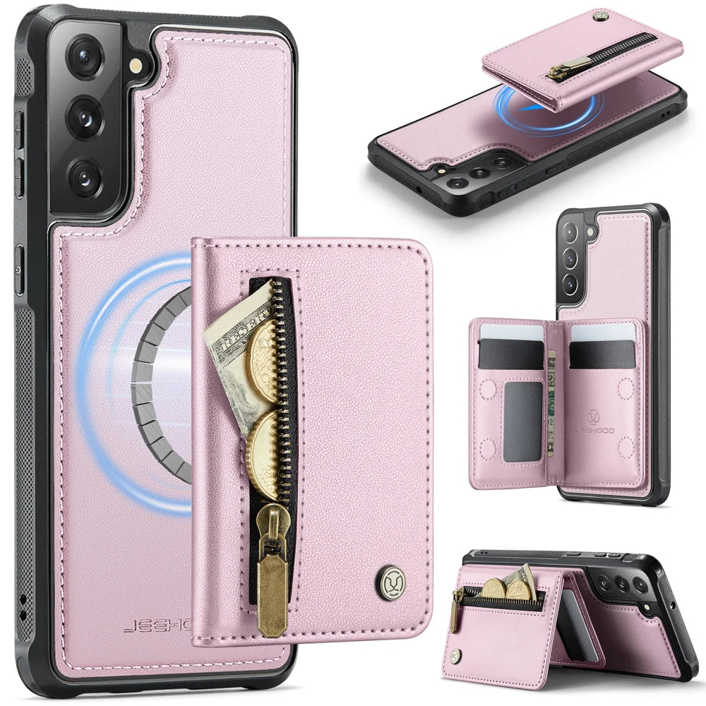 JEEHOOD For Samsung Galaxy S21 FE 5G Case  J12 Magnetic Detachable Zipper Wallet Kickstand Leather Back Cover Magnetic Case - Pink - 1