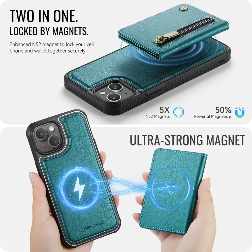 JEEHOOD For iPhone 13 6.1 inch Case  J12 Magnetic Detachable Zipper Wallet Kickstand Leather Back Cover Compatible with MagSafe - Blue - 3