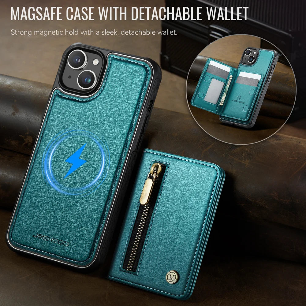 JEEHOOD For iPhone 13 6.1 inch Case  J12 Magnetic Detachable Zipper Wallet Kickstand Leather Back Cover Compatible with MagSafe - Blue - 4