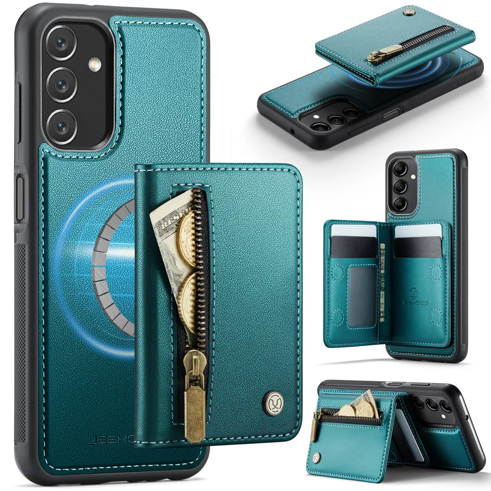 JEEHOOD For Samsung Galaxy A24 4G (162.1mm) Case  J12 Magnetic Detachable Zipper Wallet Kickstand Leather Back Cover Magnetic Case - Blue - 1