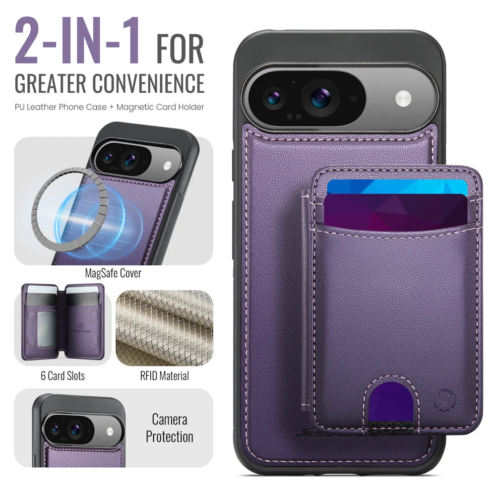 JEEHOOD For Google Pixel 10 Pro / Google Pixel 10 Case  J10  Magnetic Case Leather Back Phone Cover with Detachable Card Holder Kickstand - Purple - 2