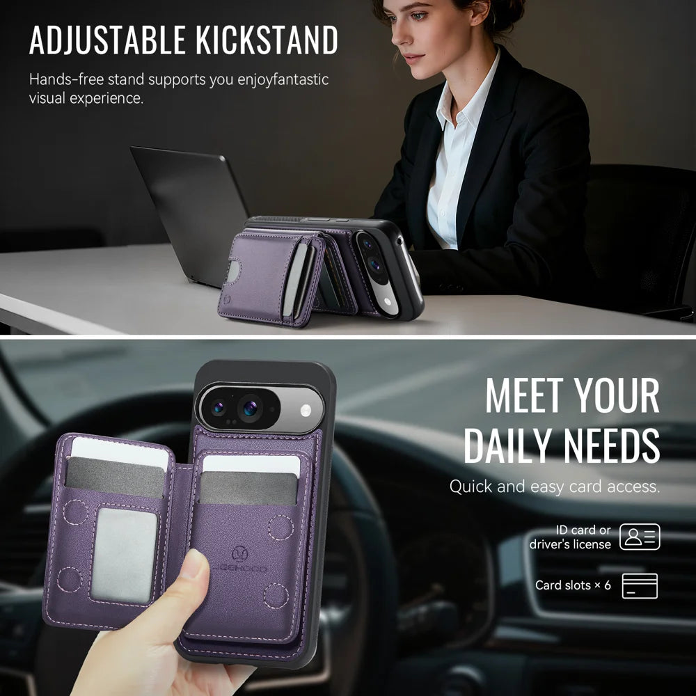 JEEHOOD For Google Pixel 10 Pro / Google Pixel 10 Case  J10  Magnetic Case Leather Back Phone Cover with Detachable Card Holder Kickstand - Purple - 4
