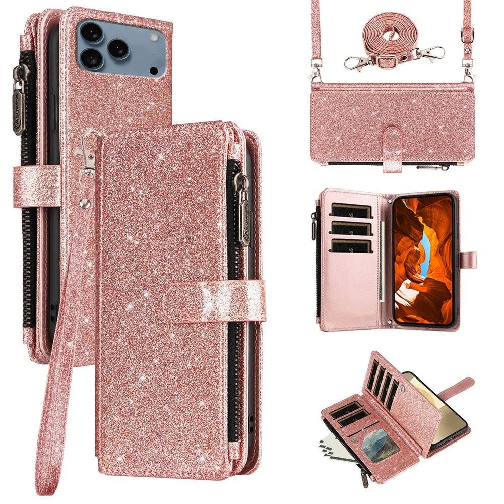 ASUWISH For iPhone 17 Pro Case 10 Card Holder Glitter Leather Phone Cover with Crossbody Strap - Rose Gold - 1
