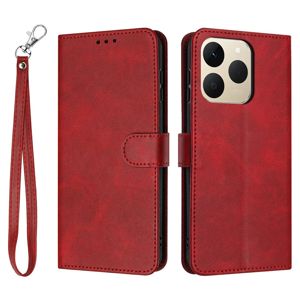 For Realme 15T 5G Wallet Case Flip Stand Calf Texture PU Leather Phone Cover with Strap - Red - 1