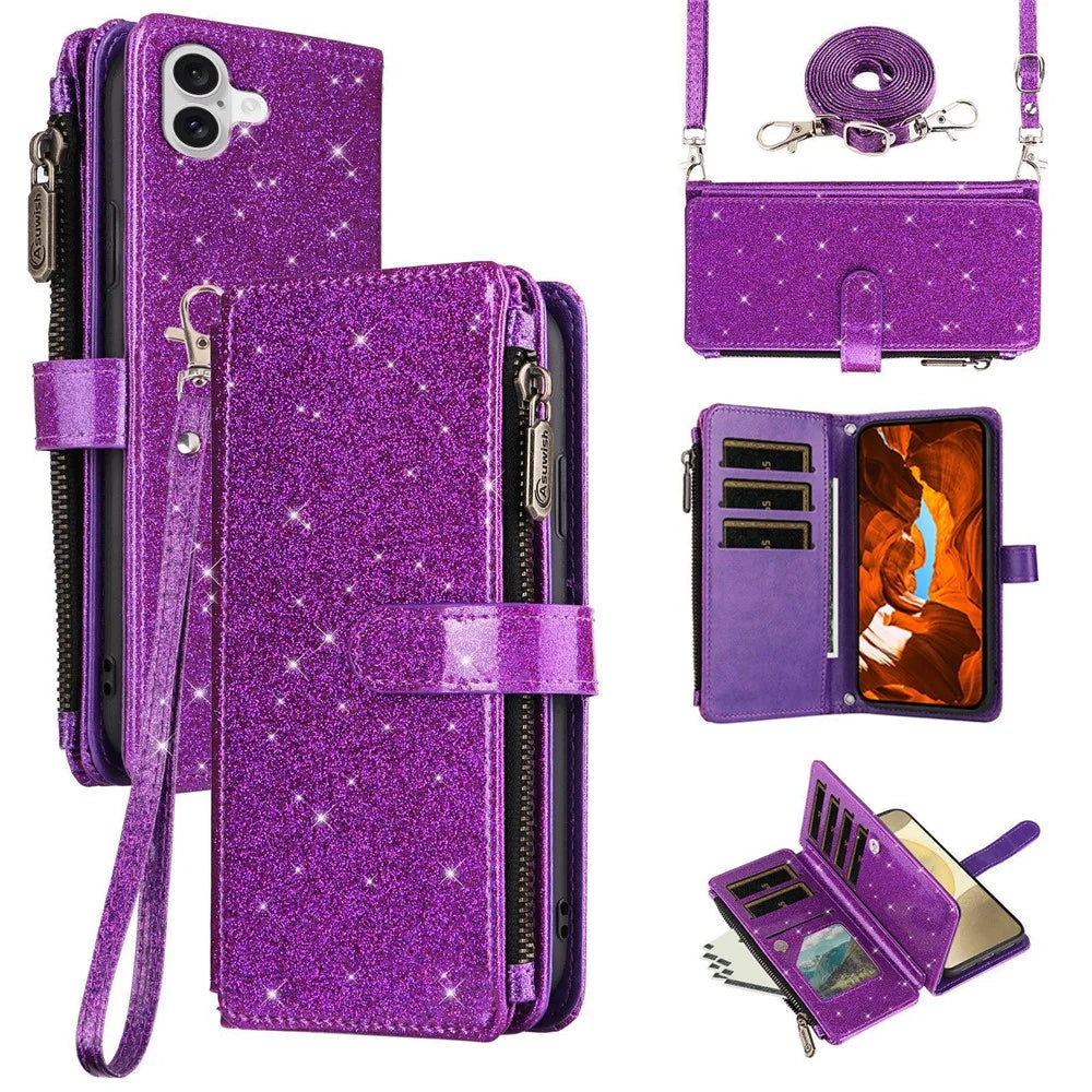 ASUWISH For iPhone 16 Plus Case 10 Card Holder Glitter Leather Phone Cover with Crossbody Strap - Purple - 1