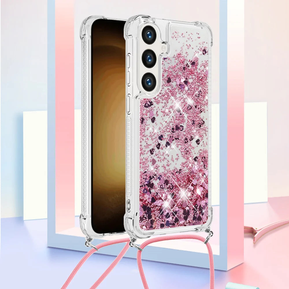 For Samsung Galaxy S26 TPU Case Quicksand Phone Cover with Lanyard - Rose Gold / Hearts - 2