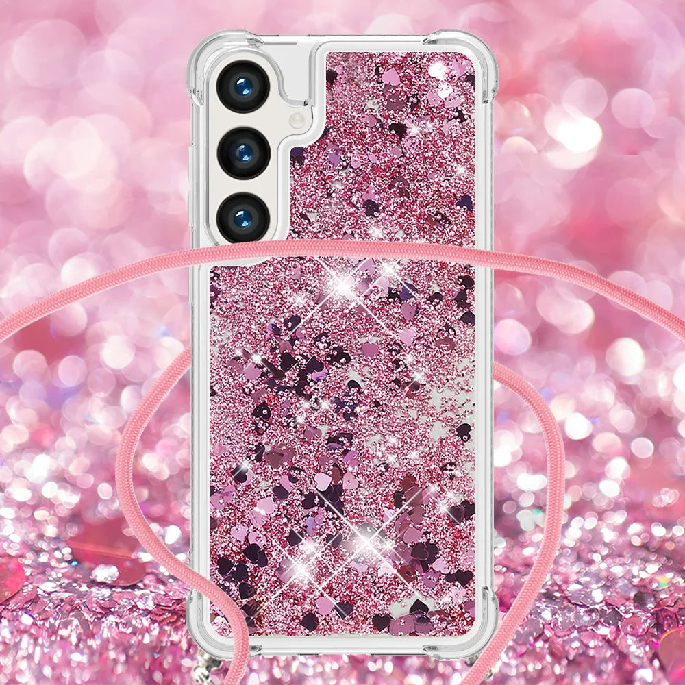 For Samsung Galaxy S26 TPU Case Quicksand Phone Cover with Lanyard - Rose Gold / Hearts - 4