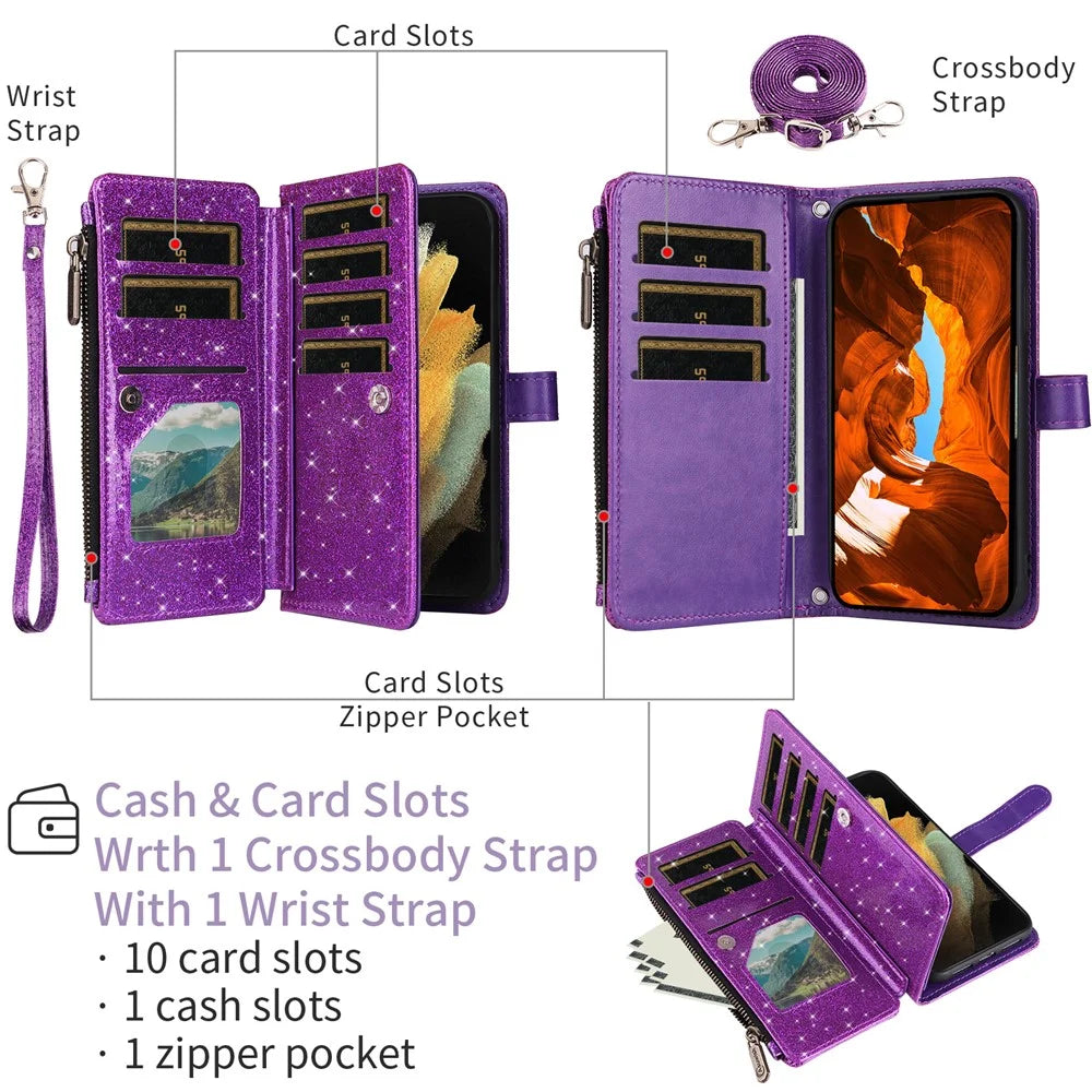 ASUWISH For OnePlus Nord CE4 Lite 5G  /  Oppo K12x 5G (China) Case 10 Card Holder Glitter Leather Phone Cover with Crossbody Strap - Purple - 2