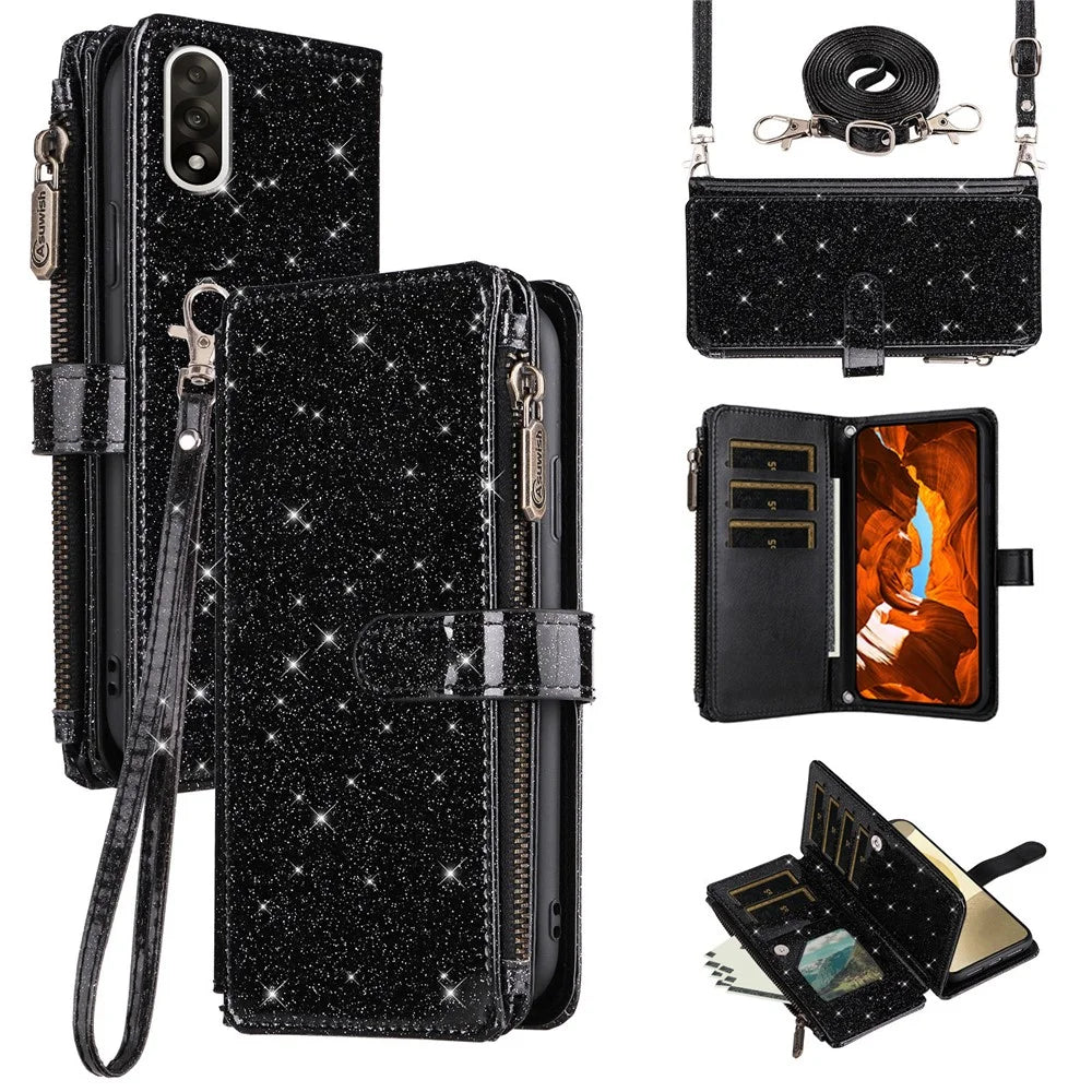 ASUWISH For OnePlus Nord 5 5G  /  Ace 5 Ultra 5G Case 10 Card Holder Glitter Leather Phone Cover with Crossbody Strap - Black - 1