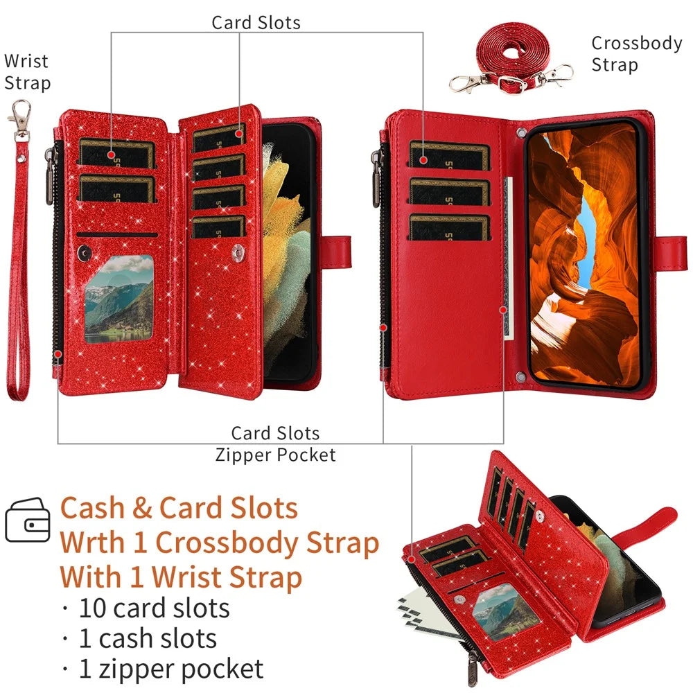 ASUWISH For Samsung Galaxy A06 4G Case 10 Card Holder Glitter Leather Phone Cover with Crossbody Strap - Red - 2
