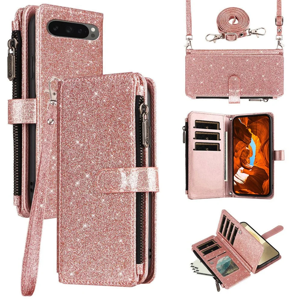 ASUWISH For Google Pixel 10 Pro XL  /  9 Pro XL Case 10 Card Holder Glitter Leather Phone Cover with Crossbody Strap - Rose Gold - 1
