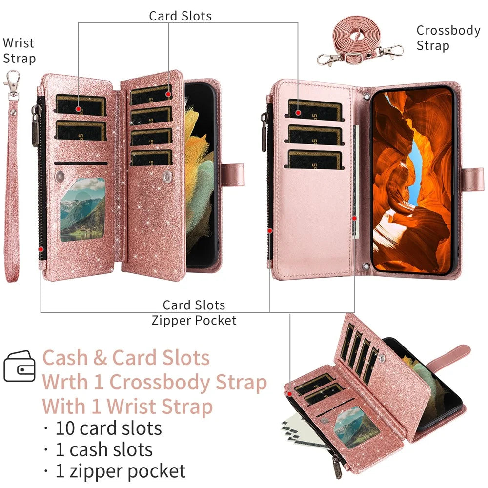 ASUWISH 10 Card Holder Phone Case For Google Pixel 10  /  10 Pro  /  9  /  9 Pro Glitter Leather Cover with Crossbody Strap - Rose Gold - 2
