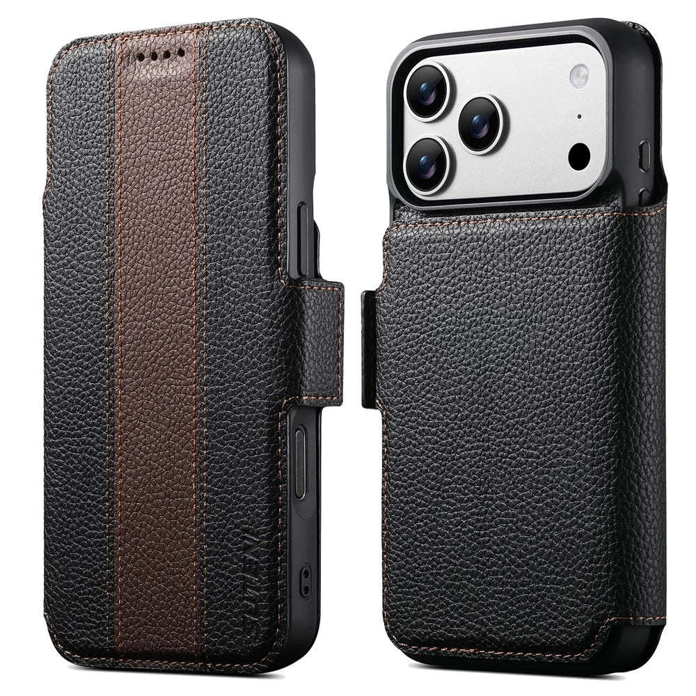 SUTENI Q-08 for iPhone 17 Pro Max Magnetic Case Litchi Texture Wallet Stand Splicing Color Leather Detachable Phone Cover - Brown - 1