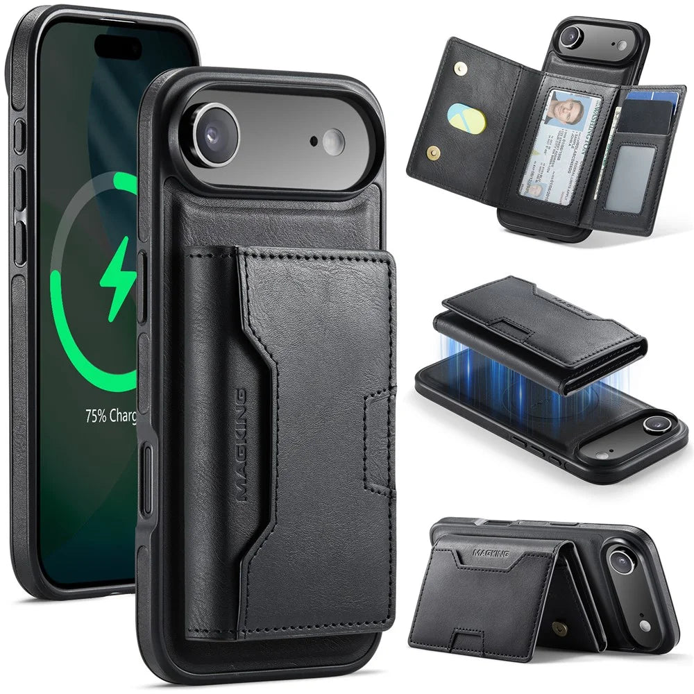 MAGKING K4 Series For iPhone Air Case Compatible with MagSafe Detachable Wallet PU TPU PC Phone Cover - Black - 1