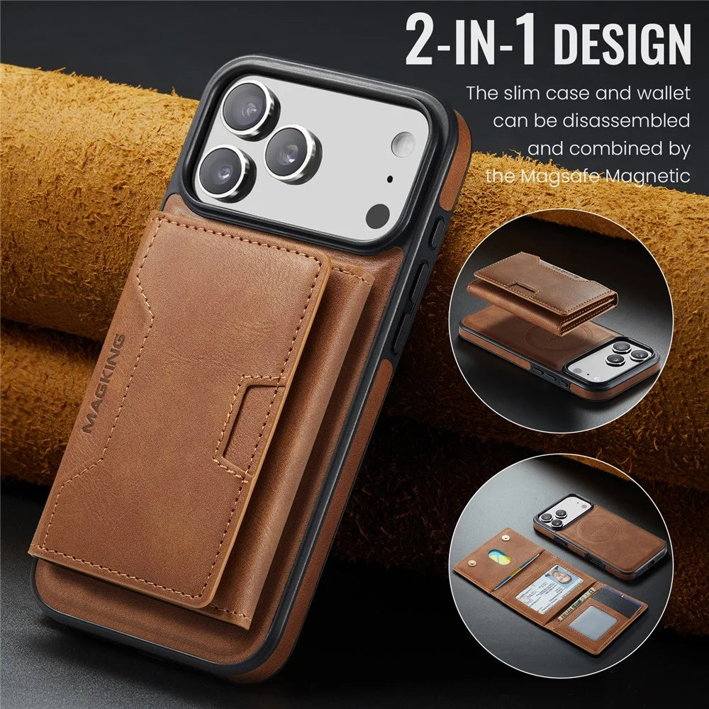 MAGKING K4 Series For iPhone 18 Pro / 17 Pro Case Compatible with MagSafe Detachable Wallet PU TPU PC Phone Cover - Brown - 6