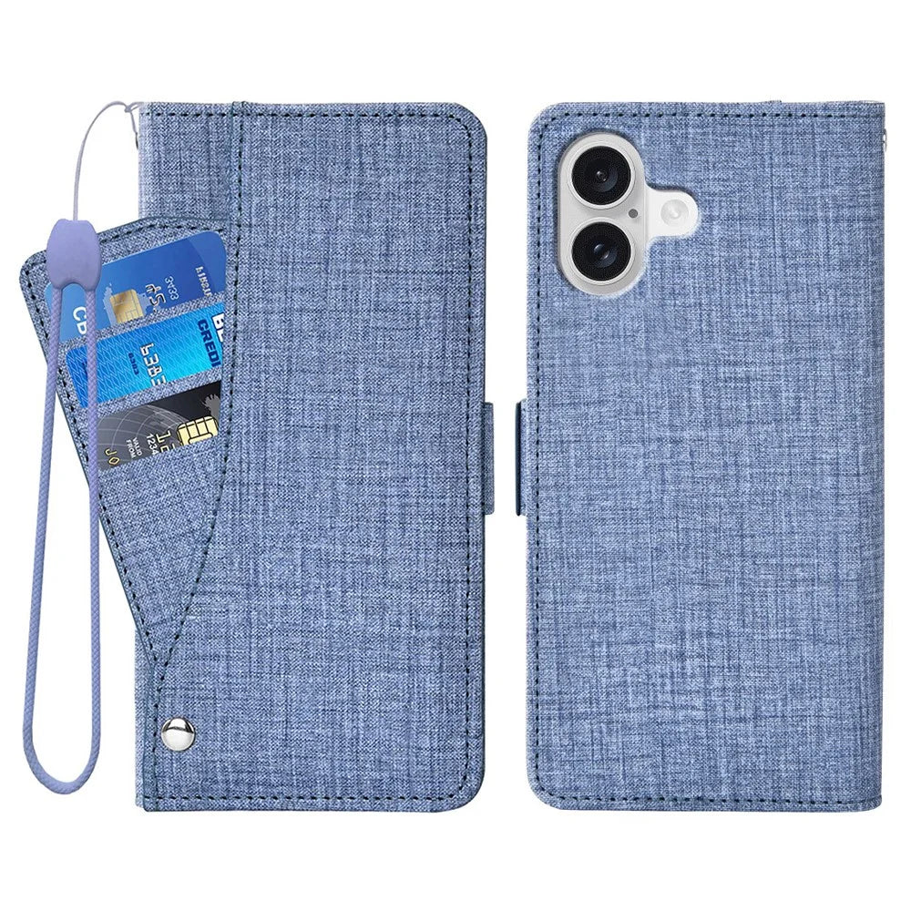 For iPhone 17 Case Jean Cloth Texture PU Leather Wallet Phone Cover with Rotating Card Slots - Blue - 1