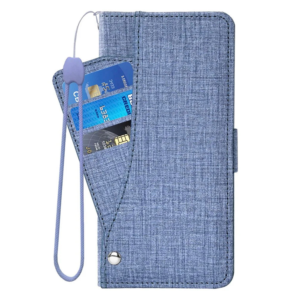 For iPhone 17 Case Jean Cloth Texture PU Leather Wallet Phone Cover with Rotating Card Slots - Blue - 7