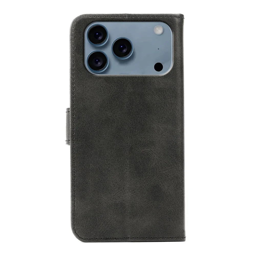 For iPhone 17 Pro Case Wallet Stand Magnetic Clasp Closure Calf Texture Leather Phone Cover - Black - 6