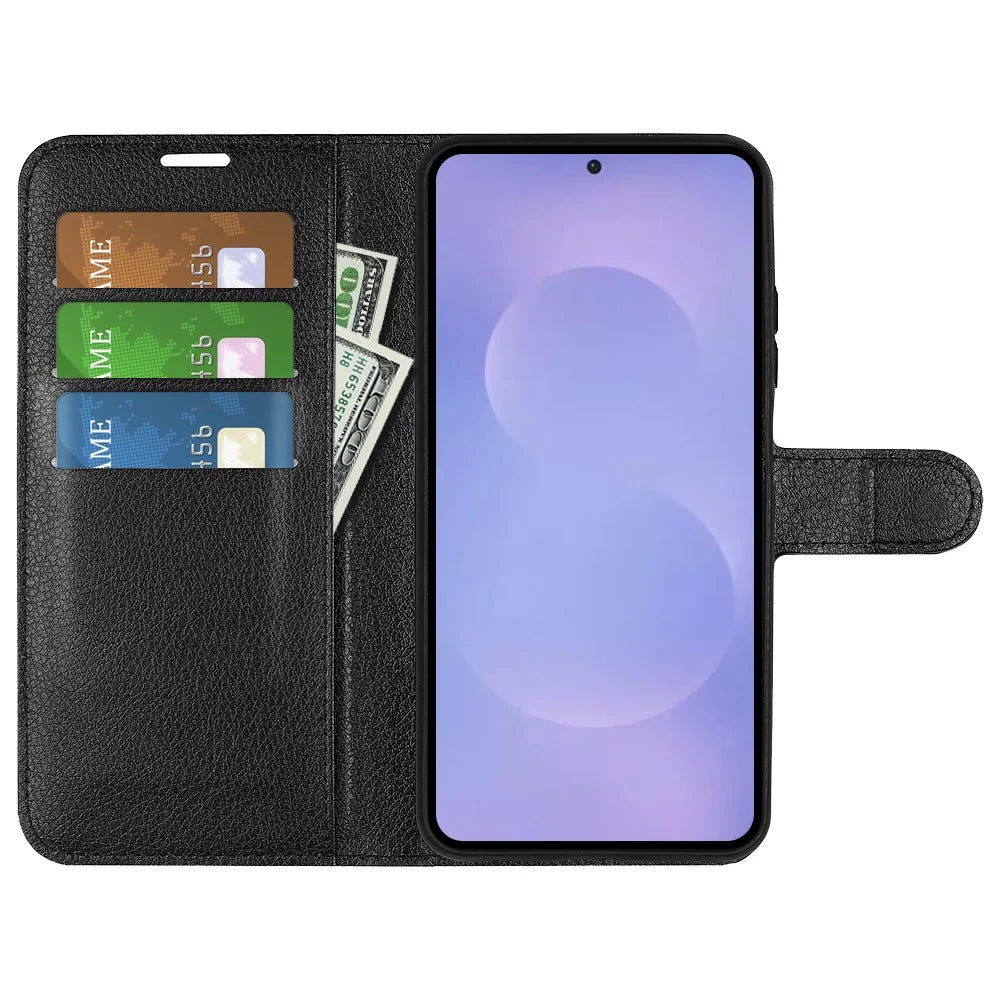 AMORUS For Samsung Galaxy S26 Wallet Case Litchi Texture Shockproof Leather Flip Stand Phone Cover - Black - 2