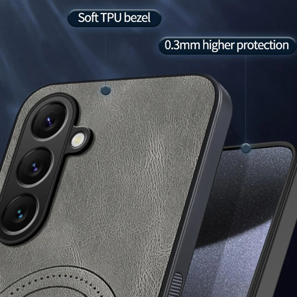 For Samsung Galaxy S25 Magnetic Case Nappa Texture PU Leather TPU Phone Back Cover - Black - 2