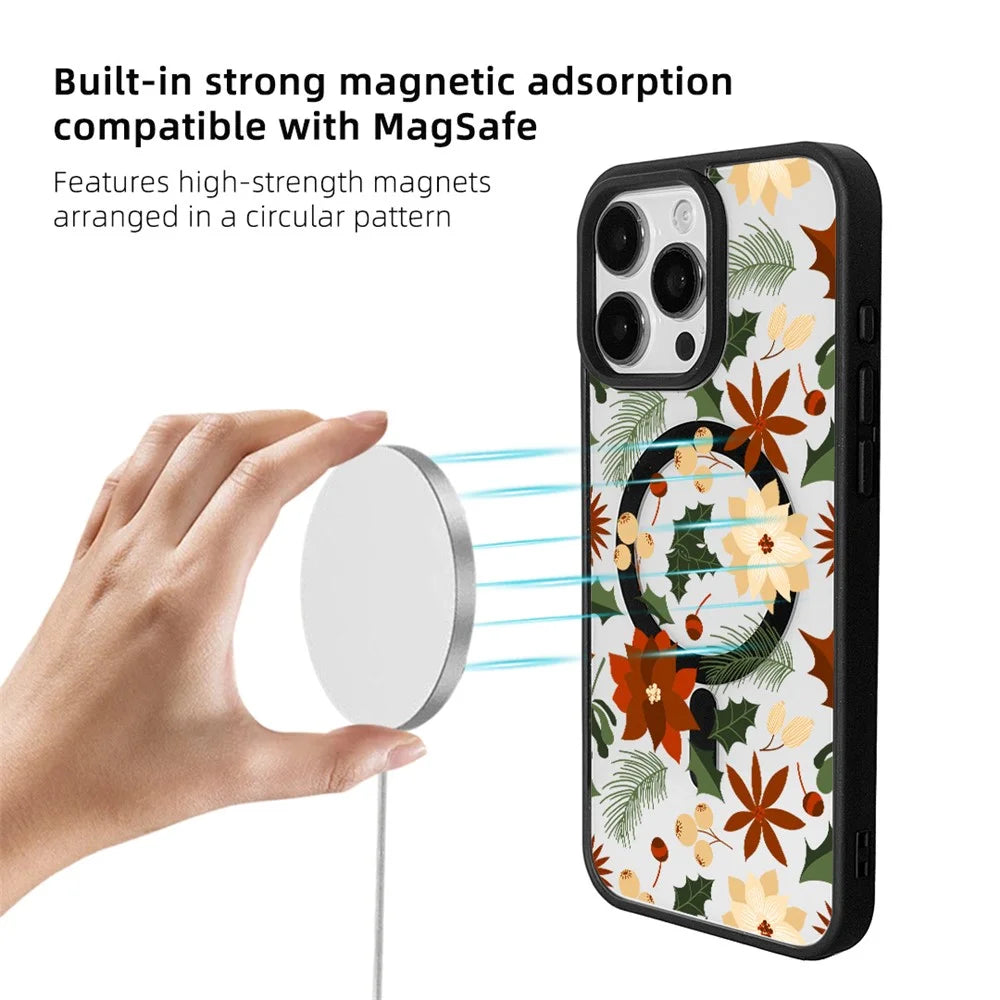 EYCASE Christmas Series for iPhone 16 Pro Max Magnetic Case Pattern Print TPU + Acrylic Cover Compatible with MagSafe - Vintage Christmas Floral - 4