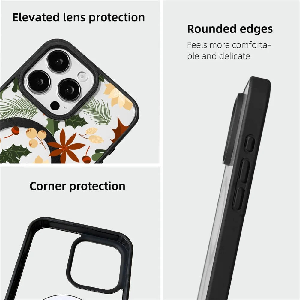 EYCASE Christmas Series for iPhone 16 Pro Max Magnetic Case Pattern Print TPU + Acrylic Cover Compatible with MagSafe - Vintage Christmas Floral - 7