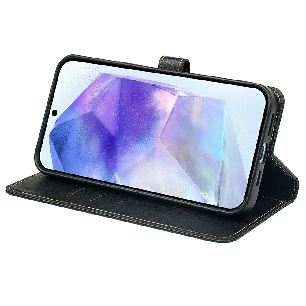 For Samsung Galaxy A08 5G / A08 4G / A07 4G Case Magnetic Clasp Four Leaf Clover Leather Phone Cover - Black - 3