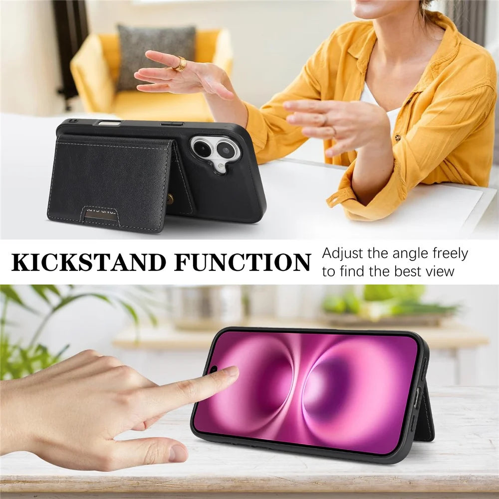 For iPhone 17 Kickstand Case Bi-fold Card Bag PU Leather Coated TPU Cover Compatible with MagSafe - Black - 4