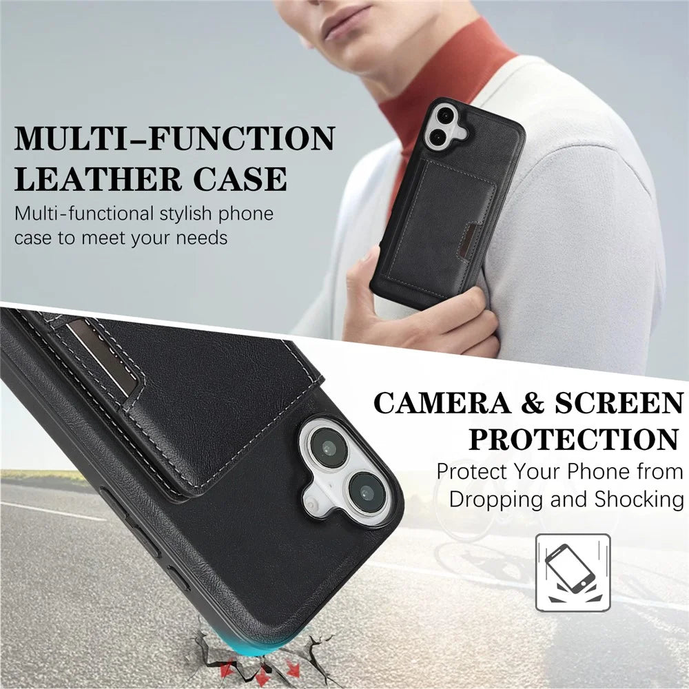 For iPhone 17 Kickstand Case Bi-fold Card Bag PU Leather Coated TPU Cover Compatible with MagSafe - Black - 5