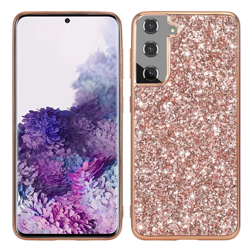 For Samsung Galaxy S23+ Shock Absorbing Shiny Glitter Sequins Phone Case Electroplating TPU Frame Hard PC Back Cover - Rose Gold - 1