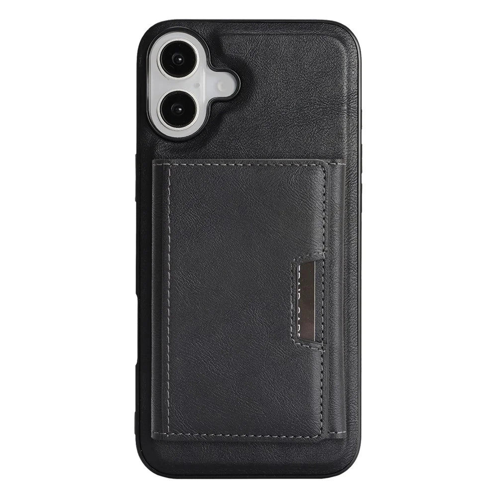 For iPhone 17 Kickstand Case Tri-fold Card Bag PU Leather Coated TPU Cover Compatible with MagSafe - Black - 2