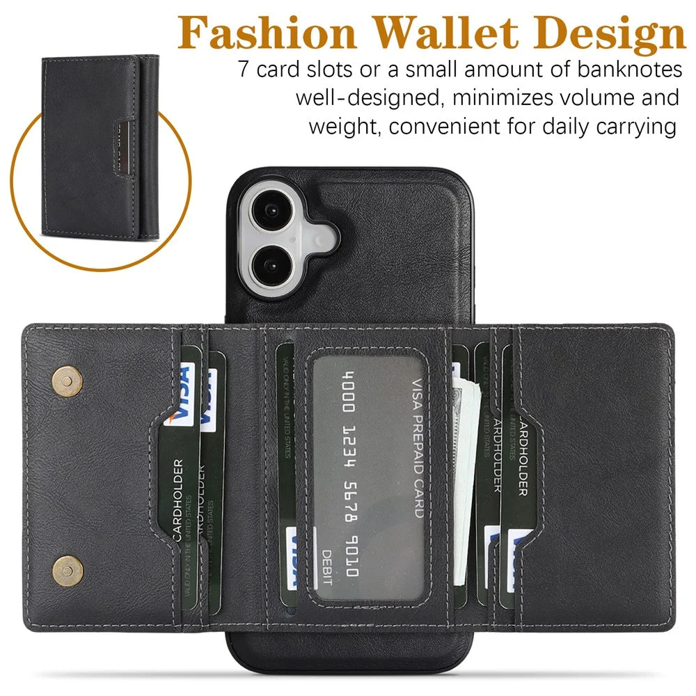 For iPhone 17 Kickstand Case Tri-fold Card Bag PU Leather Coated TPU Cover Compatible with MagSafe - Black - 3