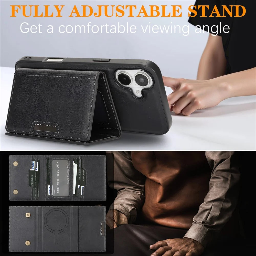 For iPhone 17 Kickstand Case Tri-fold Card Bag PU Leather Coated TPU Cover Compatible with MagSafe - Black - 5