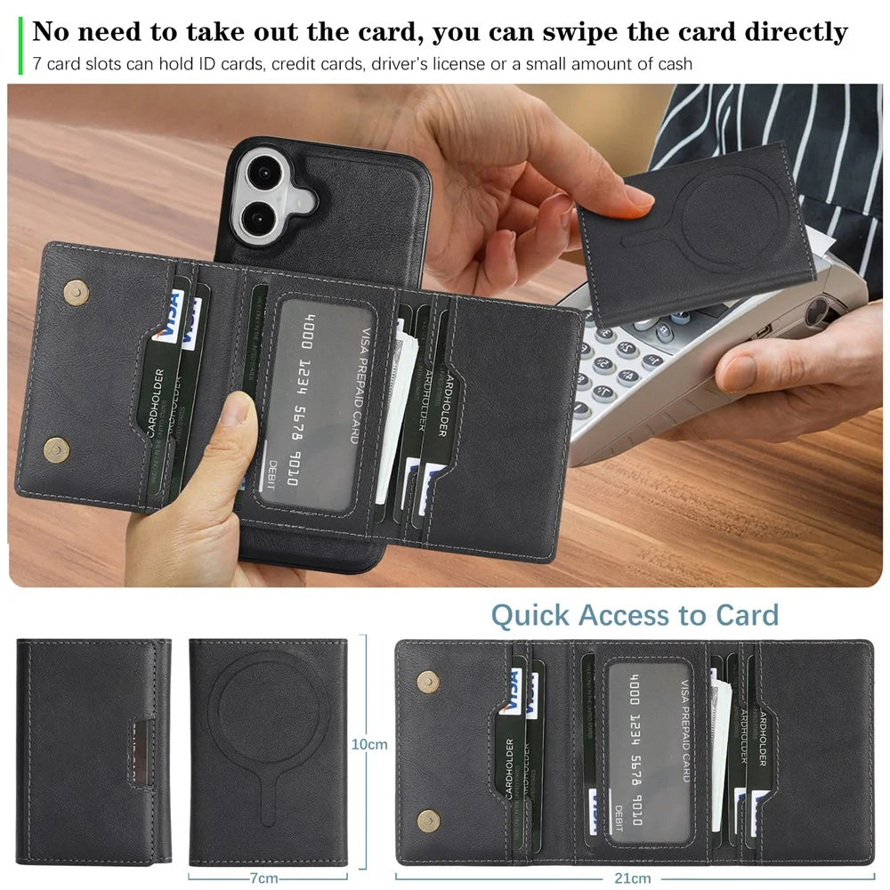 For iPhone 17 Kickstand Case Tri-fold Card Bag PU Leather Coated TPU Cover Compatible with MagSafe - Black - 7