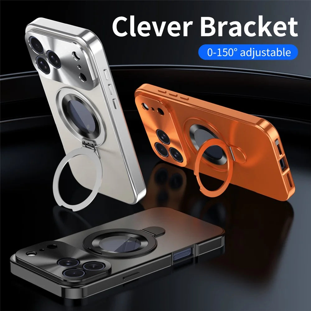 For iPhone 17 Pro Max Magnetic Case PC + Metal Kickstand Phone Cover with Anti-Spy Tempered Glass Film - Orange - 4