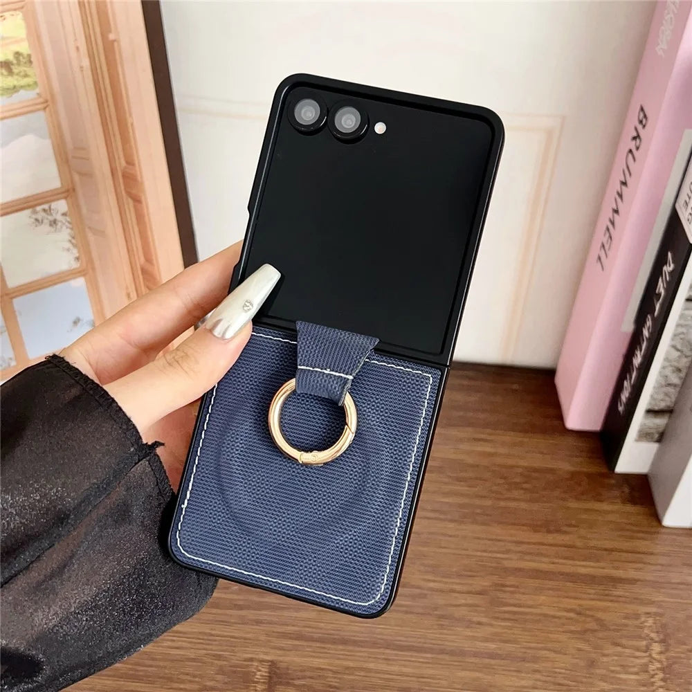 For Samsung Galaxy Z Flip7 5G Magnetic Case Ring Holder Kickstand Aramid Fiber Grid Leather Coated PC Folding Phone Cover - Blue - 2