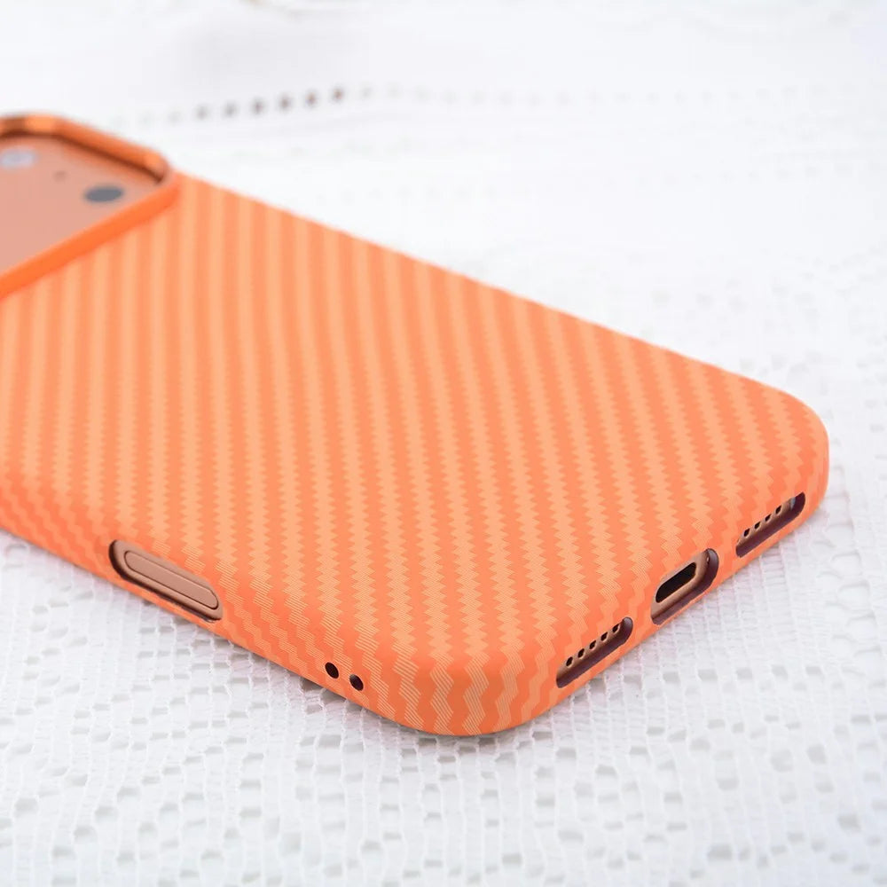 For iPhone 17 Pro Case Carbon Fiber Texture Water Transfer PC Phone Cover Compatible with MagSafe - Orange Coarse Lines - 4