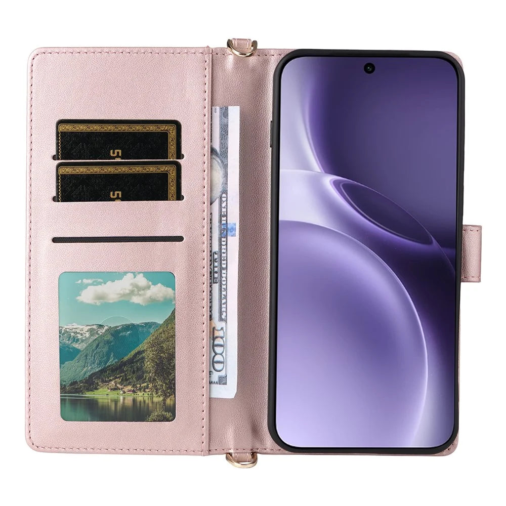 For vivo X300 Pro 5G Leather Case Stand Wallet Phone Cover with Shoulder / Wrist Strap - Pink - 4
