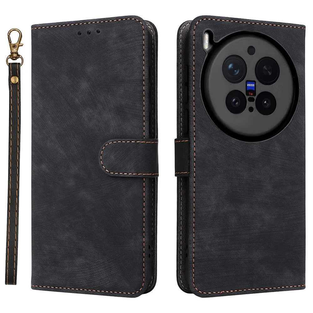 For vivo X300 Pro 5G Case Wallet RFID Blocking PU Leather Phone Cover Stand with Strap - Black - 1