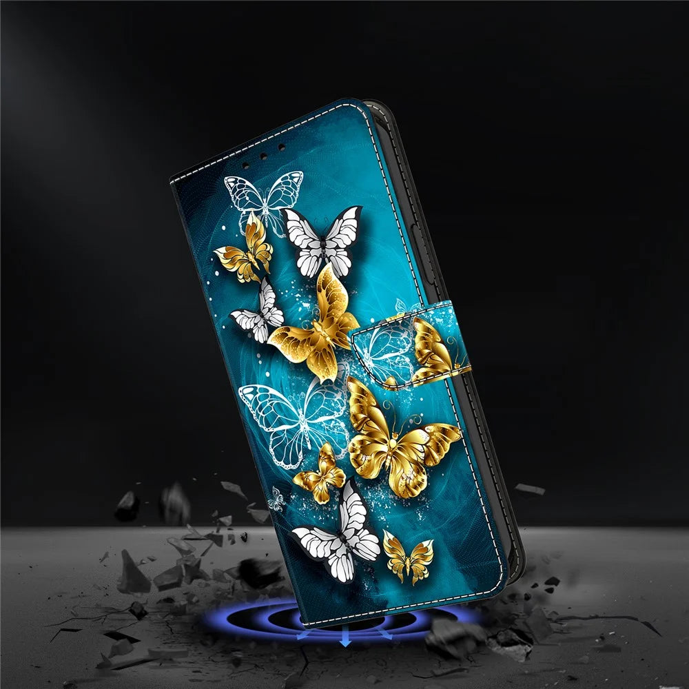 For Samsung Galaxy S26 Case Wallet Stand Pattern Printing PU Leather Flip Phone Cover - Gold Butterfly on Green - 4